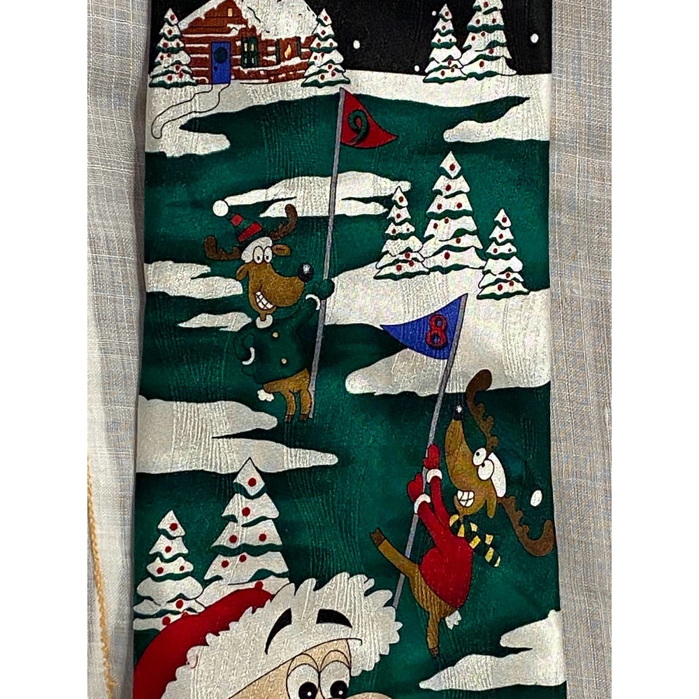 Hallmark Novelty Christmas / Santa Golfing Necktie Black with snow/Greens Flags.